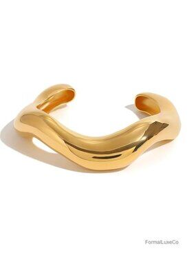 18K Gold-Plated Open Cuff Bangle Bracelet - Chunky Wave Twisted Hinged Bracelet